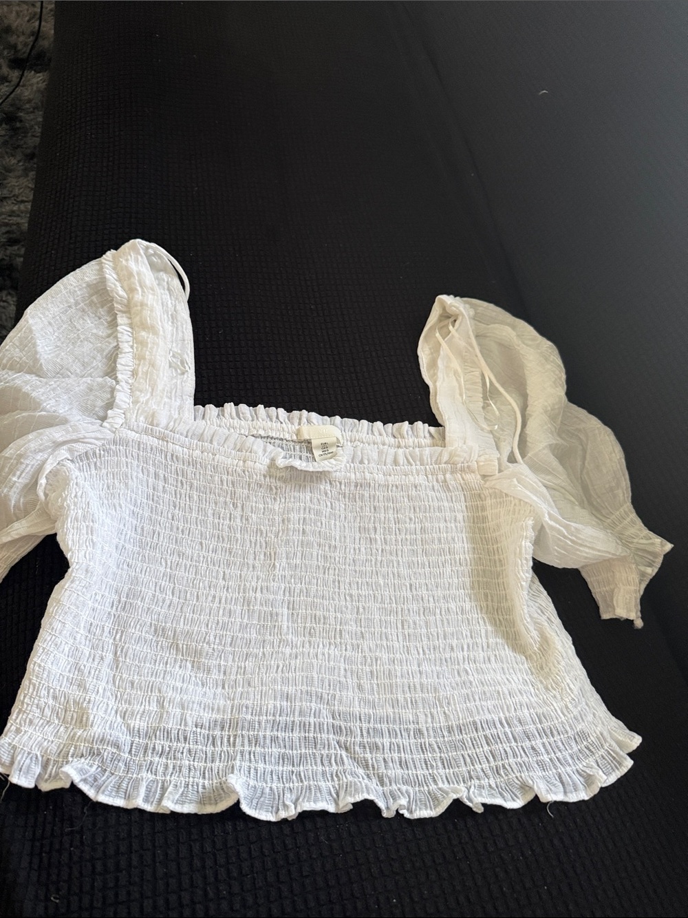 Coach White Smocked Puff-Sleeve Crop Top